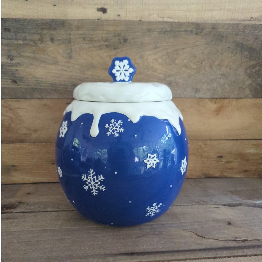 Vintage 2000s Ceramic Blue Winter Holiday Snowflake Cookie Jar by CKA
